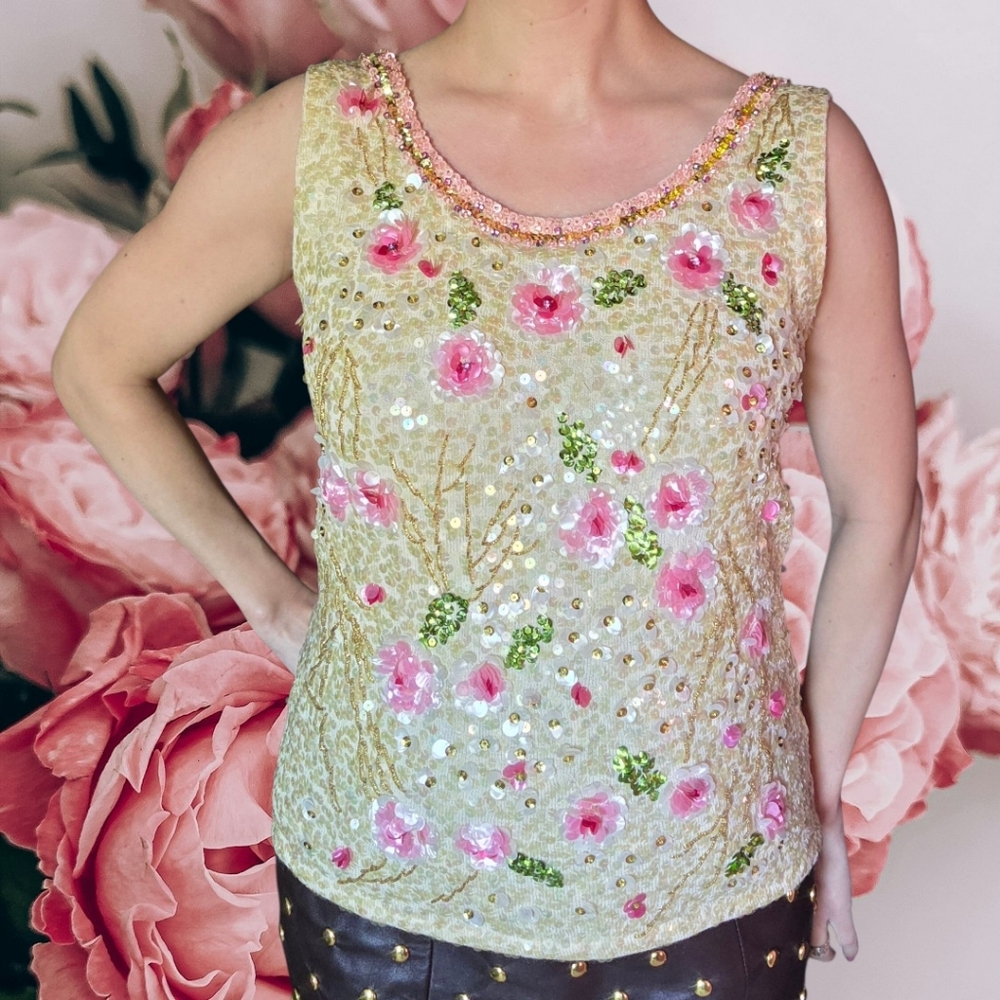 Vintage 1960s Wool Sequin Beaded Floral Top Large